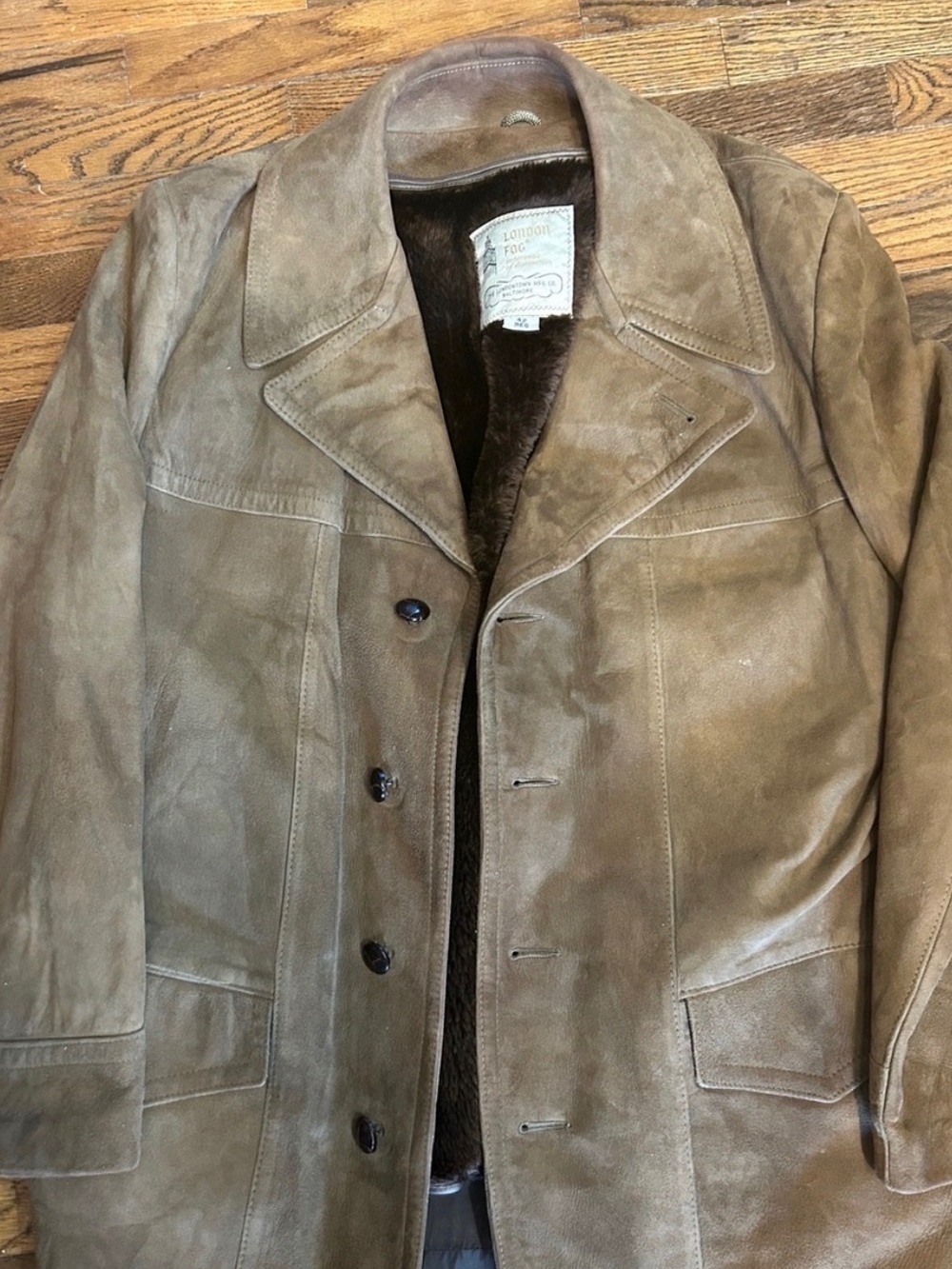 London Fog Brown Suede Pea Coat with Shearling Trim